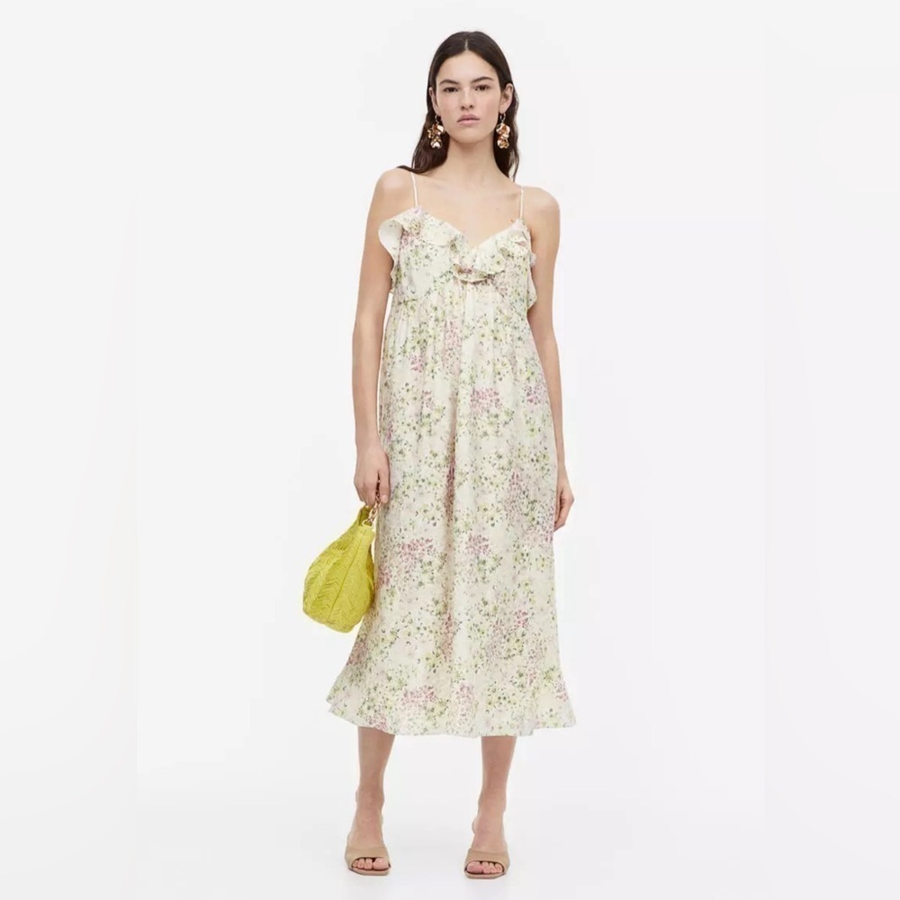 H&M Floral Sleeveless Flounce V Neck Dress - Size M - Picture 2 of 14